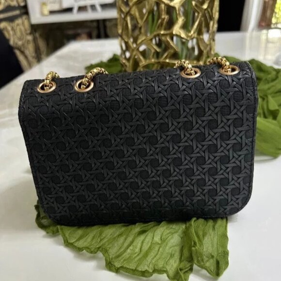 Black Textured Crossbody Bag with Gold Chain Strap Size: 7.5x4.5x2.5 inch - Picture 2 of 6